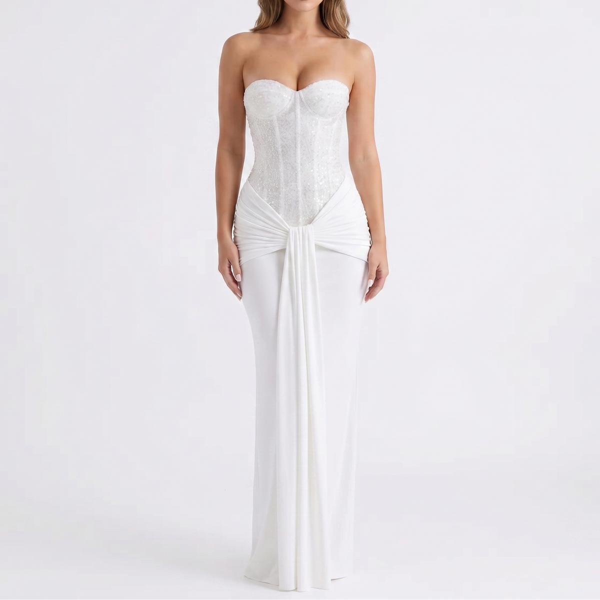 Women's Strapless Maxi Dress Sequin Corset Bodice Draped Bodycon