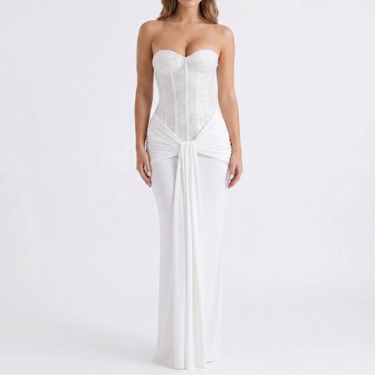 Women's Strapless Maxi Dress Sequin Corset Bodice Draped Bodycon