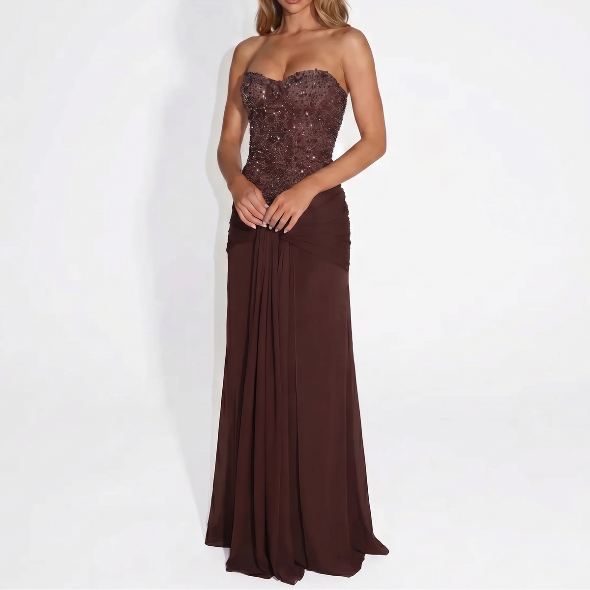 Women's Strapless Maxi Dress Sequin Corset Bodice Draped Bodycon