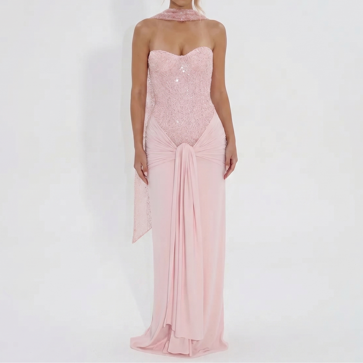 Women's Strapless Maxi Dress Sequin Corset Bodice Draped Bodycon