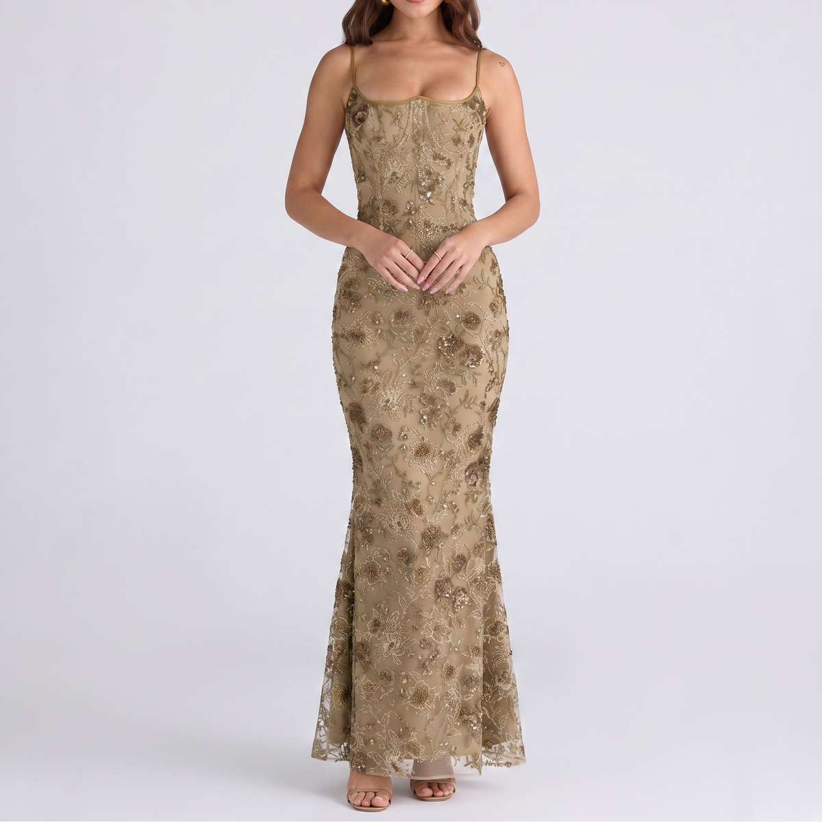 Women's Embellished Lace Maxi Dress Corset Bodice Mermaid Formal