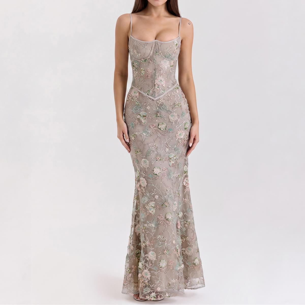 Women's Embellished Lace Maxi Dress Corset Bodice Mermaid Formal