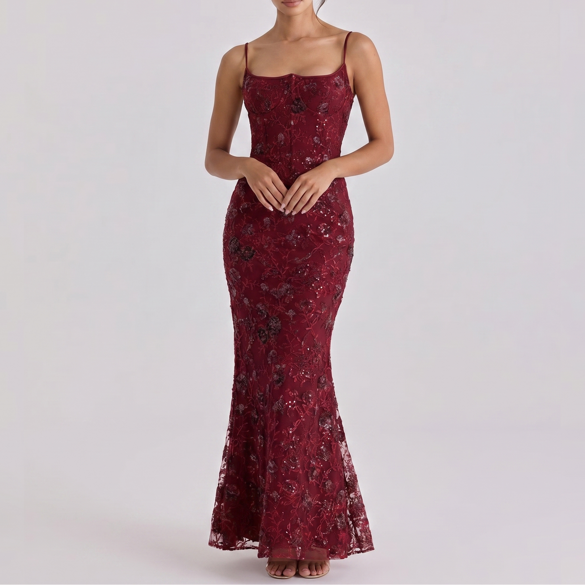 Women's Embellished Lace Maxi Dress Corset Bodice Mermaid Formal