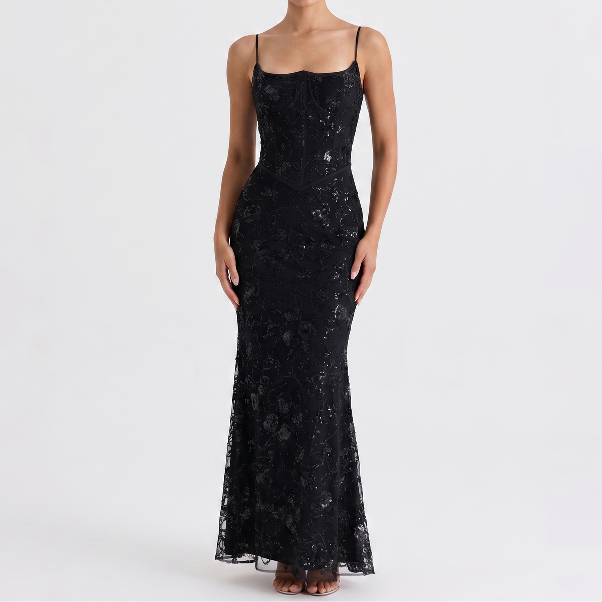 Women's Embellished Lace Maxi Dress Corset Bodice Mermaid Formal