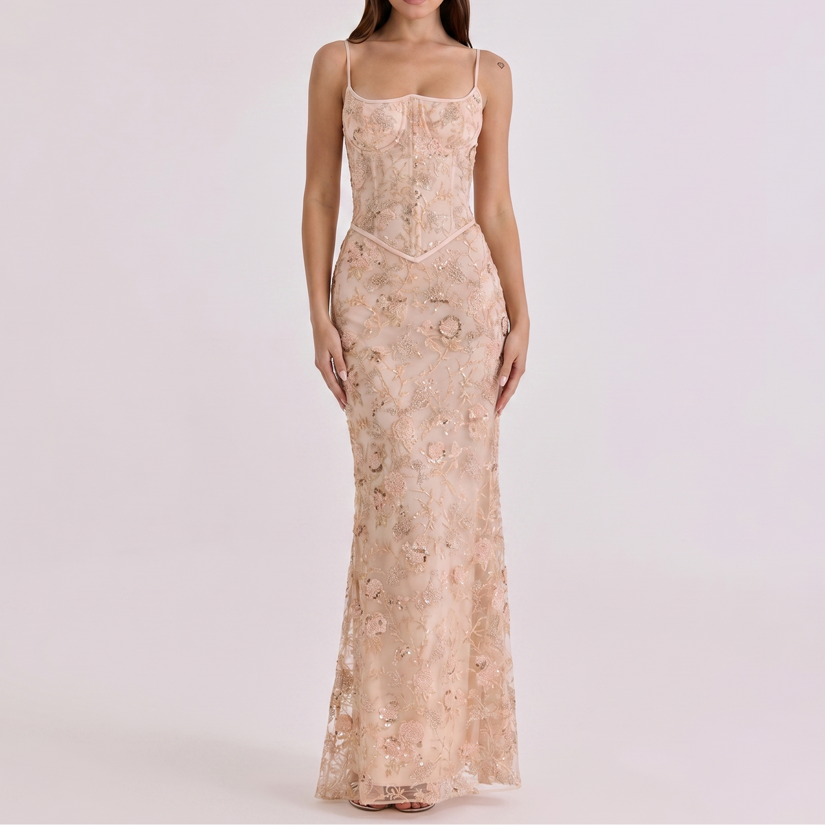 Women's Embellished Lace Maxi Dress Corset Bodice Mermaid Formal