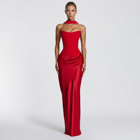 Women's Satin Maxi Dress Strapless Corset Choker Draped Bodycon