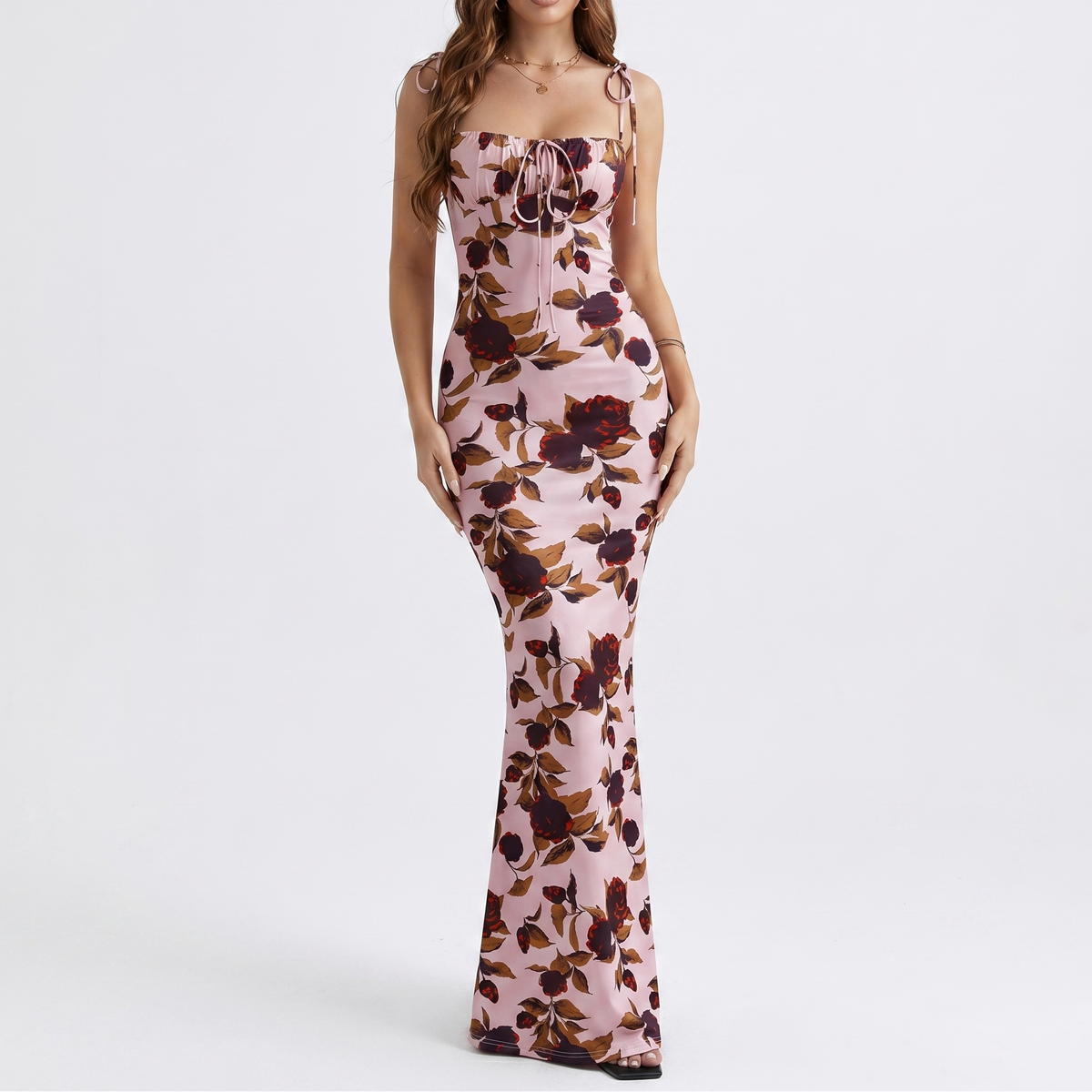 Women's Floral Maxi Dress Tie Strap Corset Bodice Bodycon Summer