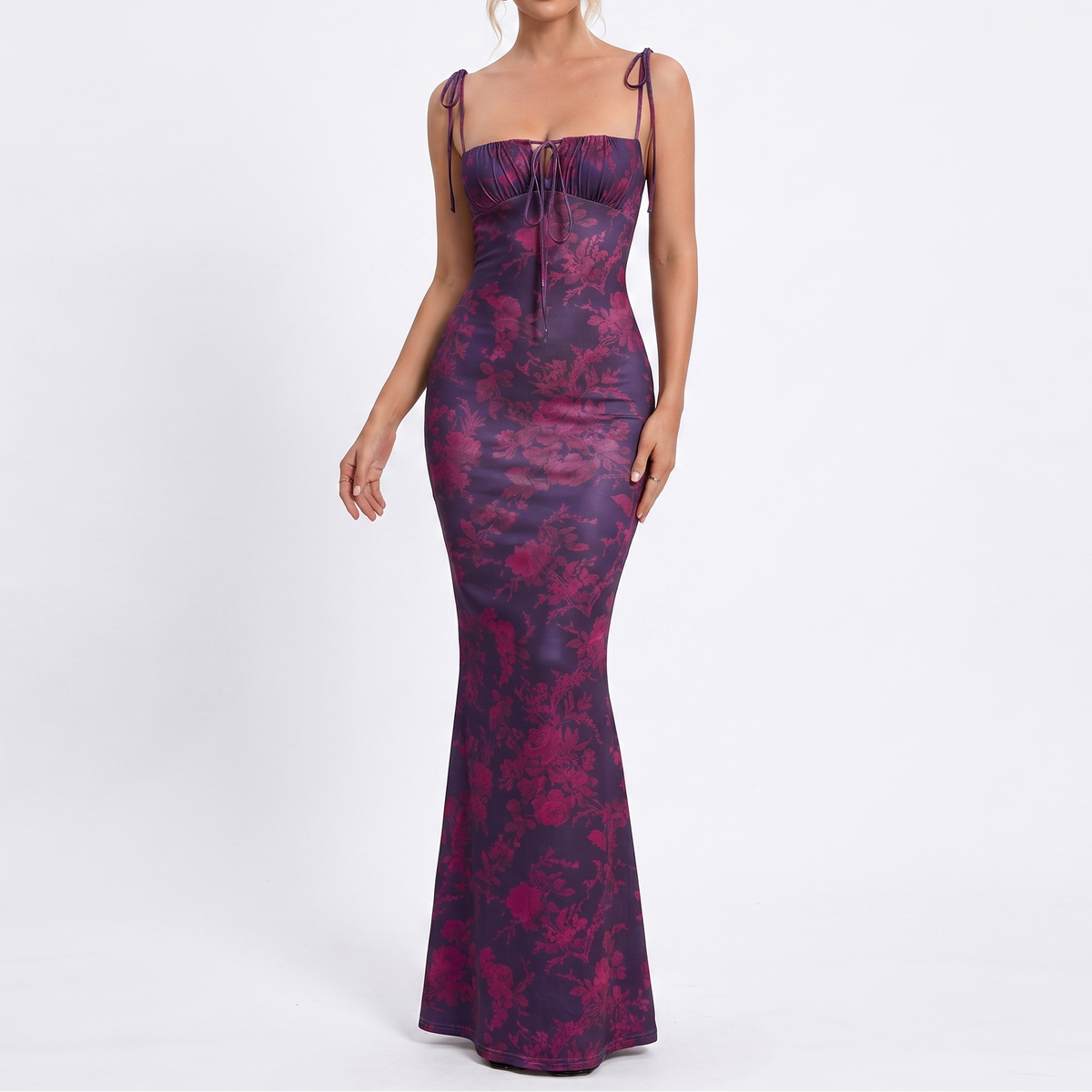 Women's Floral Maxi Dress Tie Strap Corset Bodice Bodycon Summer
