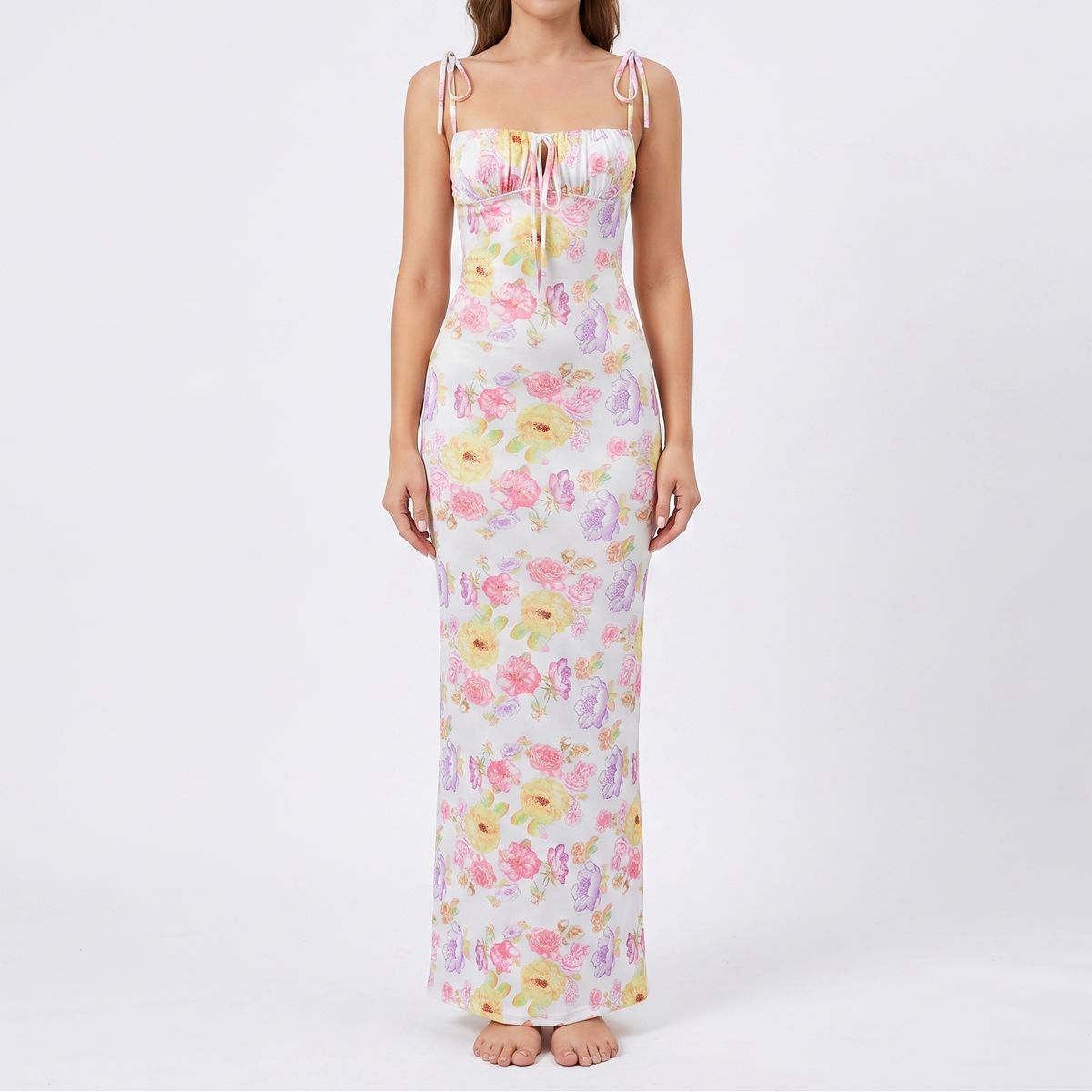 Women's Floral Maxi Dress Tie Strap Corset Bodice Bodycon Summer