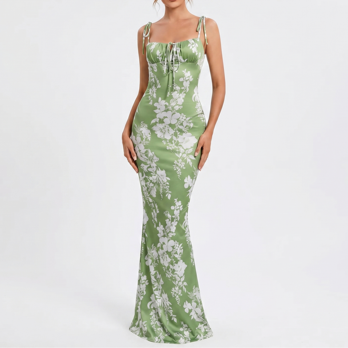 Women's Floral Maxi Dress Tie Strap Corset Bodice Bodycon Summer