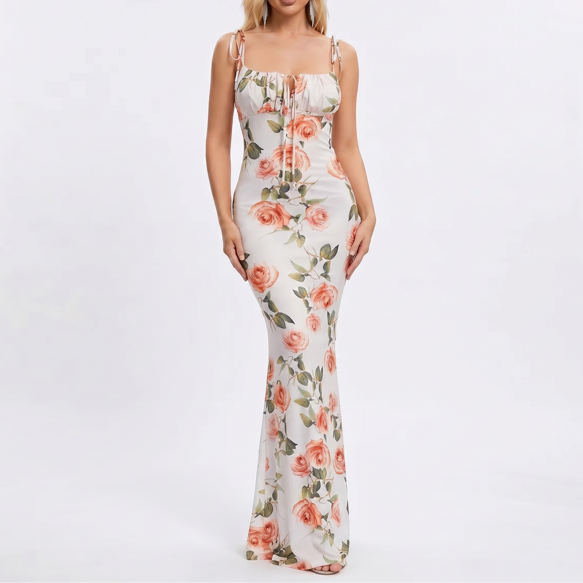 Women's Floral Maxi Dress Tie Strap Corset Bodice Bodycon Summer