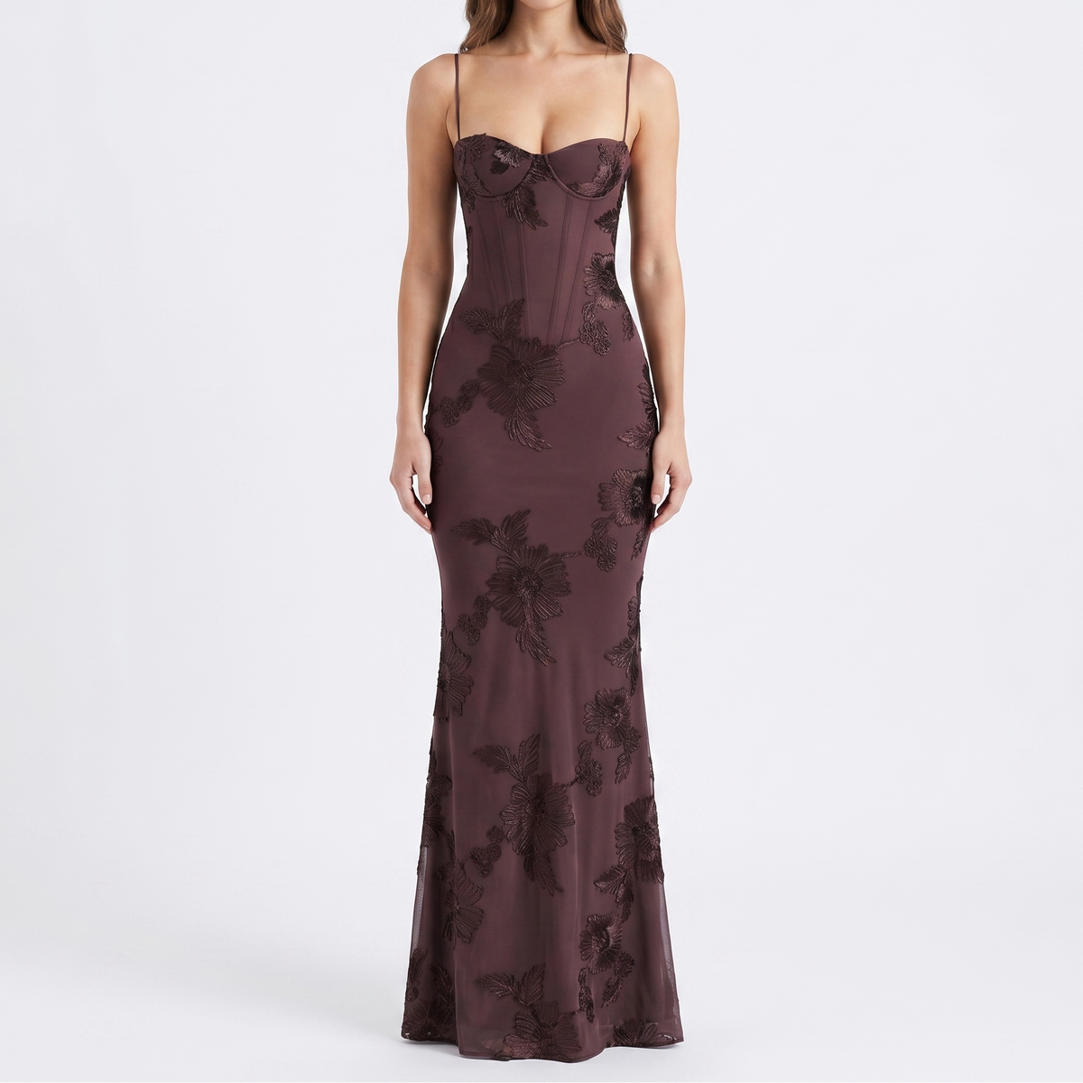 Women's Embroidered Maxi Dress Corset Bustier Mesh Mermaid Formal