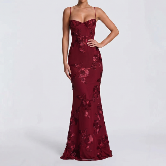 Women's Embroidered Maxi Dress Corset Bustier Mesh Mermaid Formal