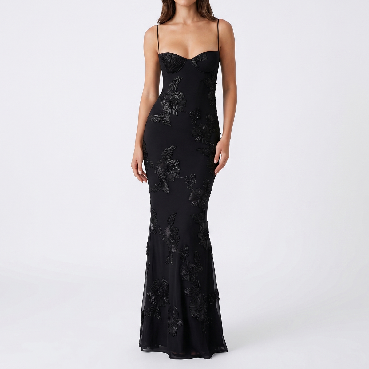 Women's Embroidered Maxi Dress Corset Bustier Mesh Mermaid Formal
