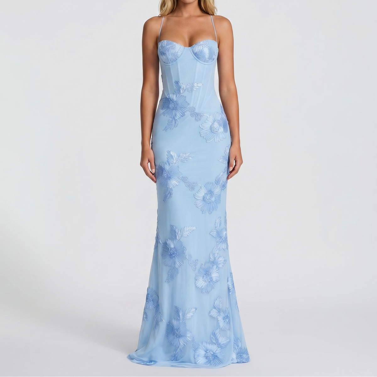 Women's Embroidered Maxi Dress Corset Bustier Mesh Mermaid Formal