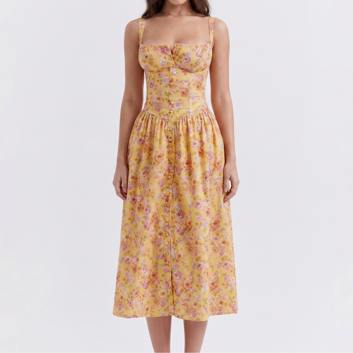 Women's Floral Midi Dress Corset Bodice Button Front Strappy Summer