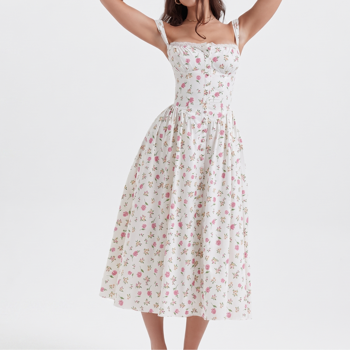 Women's Floral Midi Dress Corset Bodice Button Front Strappy Summer