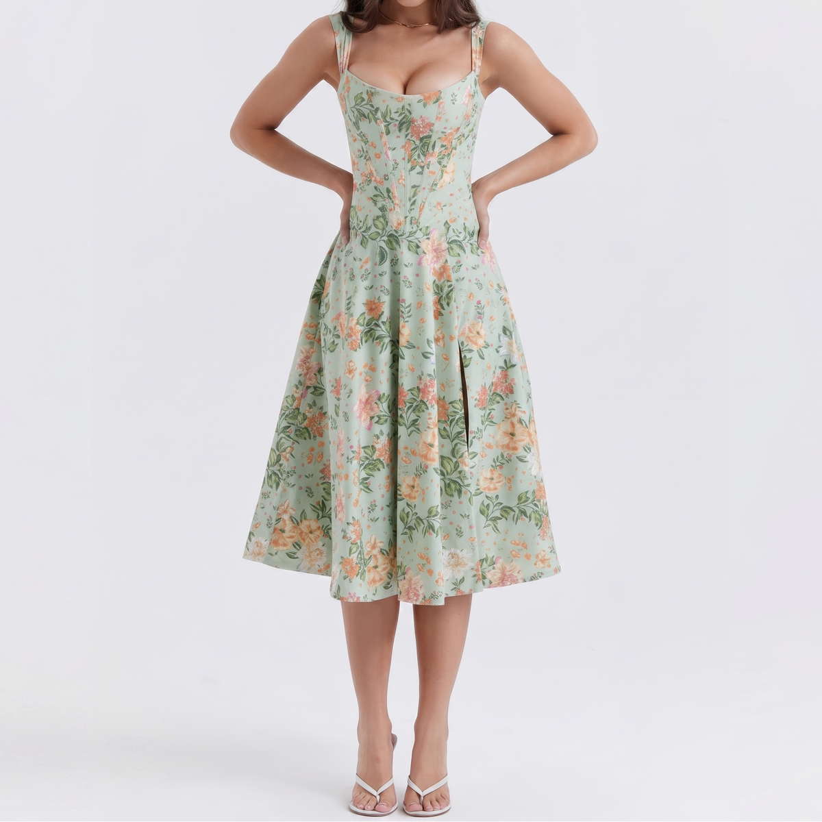 Women's Floral Midi Dress Corset Bodice Button Front Strappy Summer