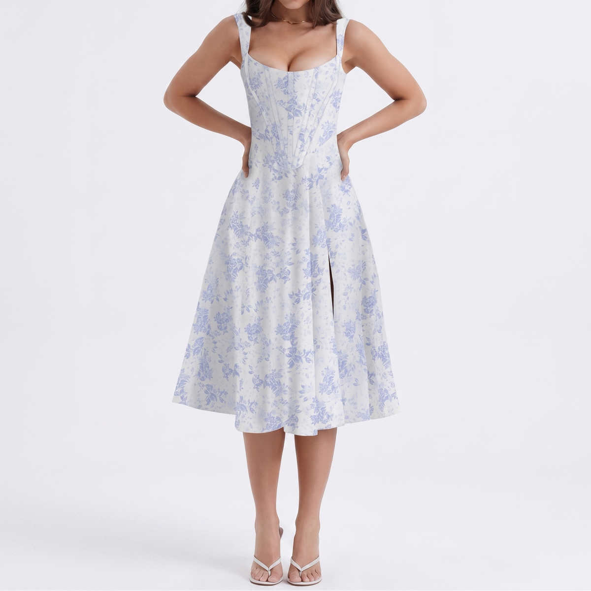 Women's Floral Midi Dress Corset Bodice Button Front Strappy Summer