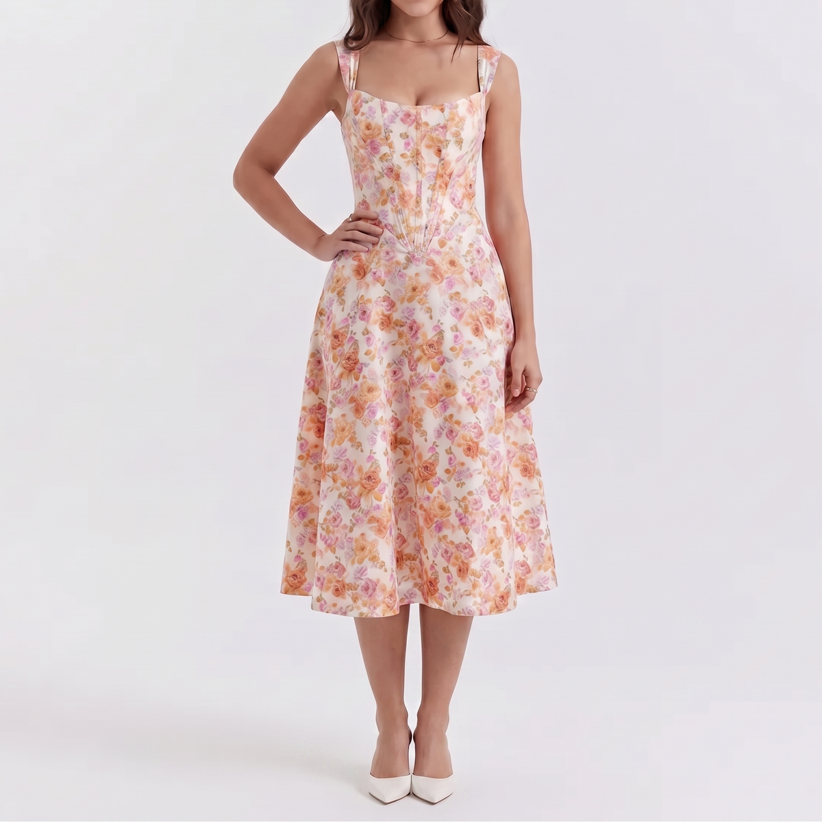 Women's Floral Midi Dress Corset Bodice Button Front Strappy Summer