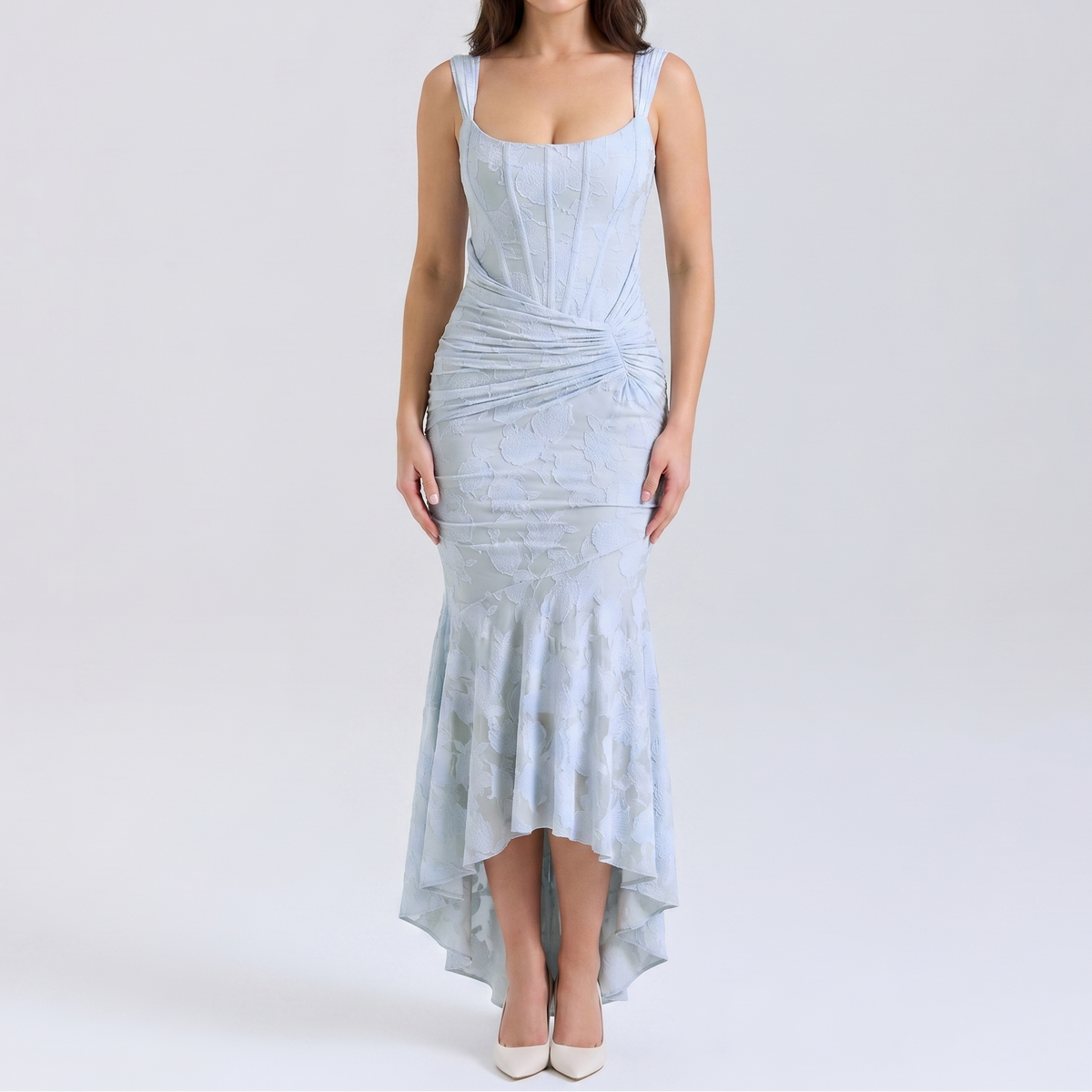 Women's Corset Maxi Dress Square Neck Ruched Textured Mermaid Hem