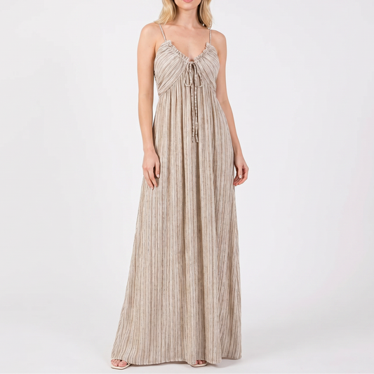 Women's Linen Maxi Dress Striped Tie Front Empire Waist Strappy