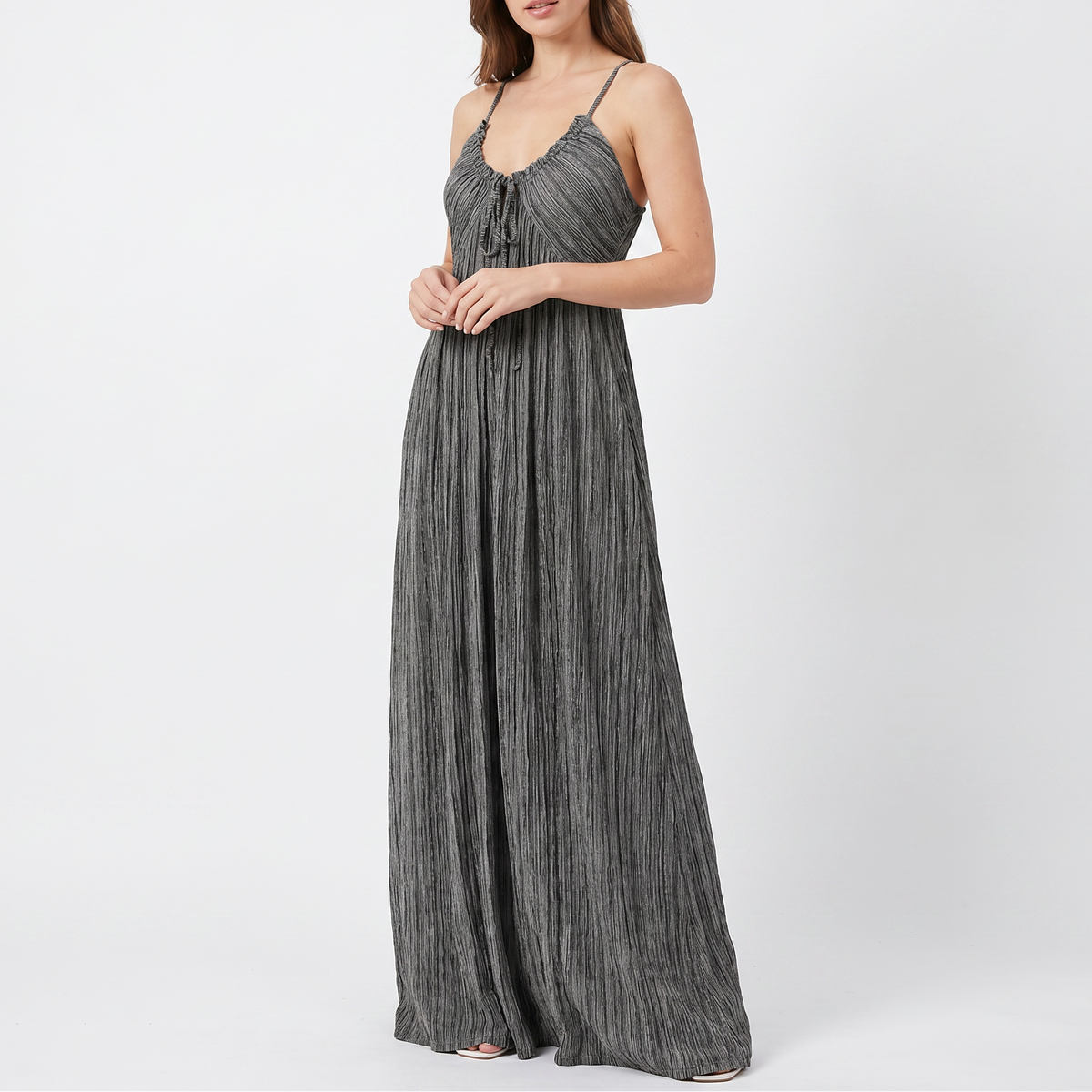 Women's Linen Maxi Dress Striped Tie Front Empire Waist Strappy