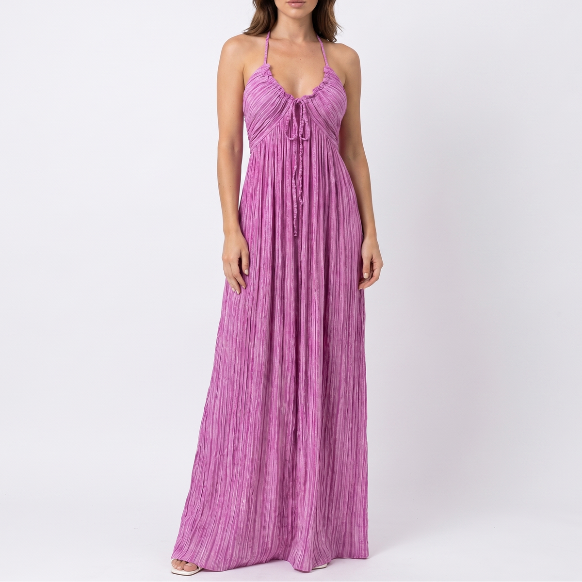 Women's Linen Maxi Dress Striped Tie Front Empire Waist Strappy