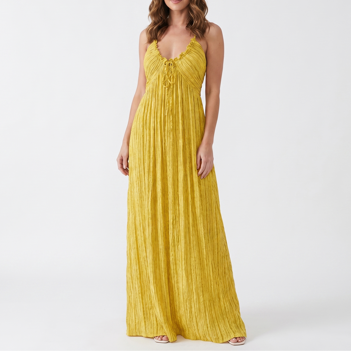 Women's Linen Maxi Dress Striped Tie Front Empire Waist Strappy