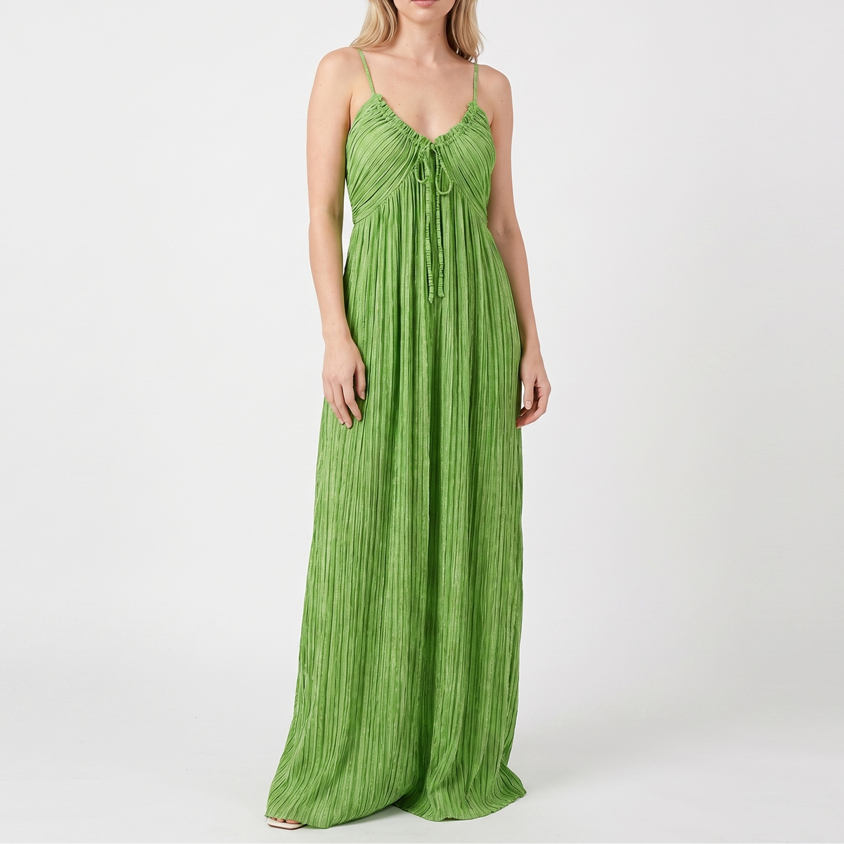 Women's Linen Maxi Dress Striped Tie Front Empire Waist Strappy