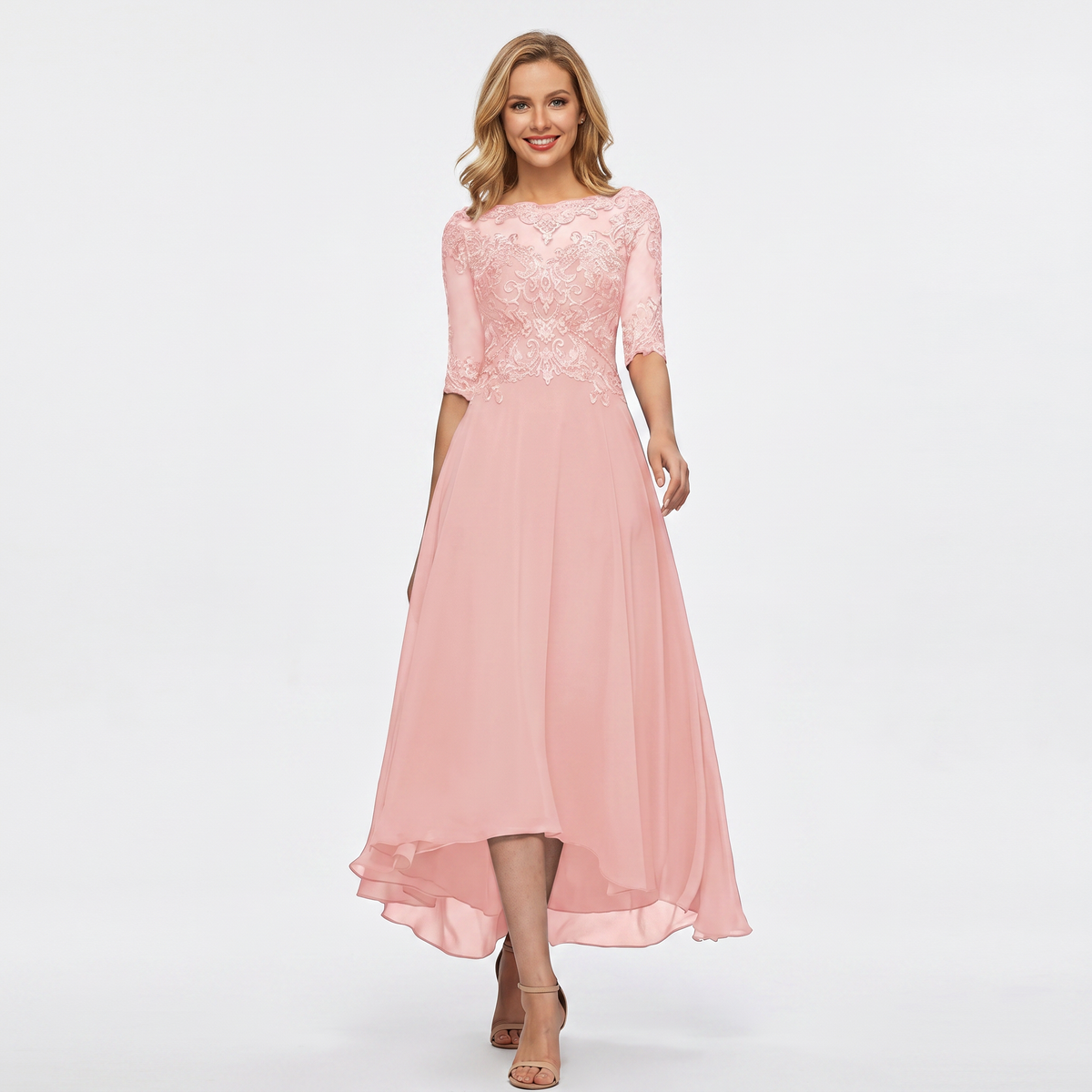 Women's Formal Dress – Lace Appliqué Bodice Chiffon Hi-Lo Maxi Skirt