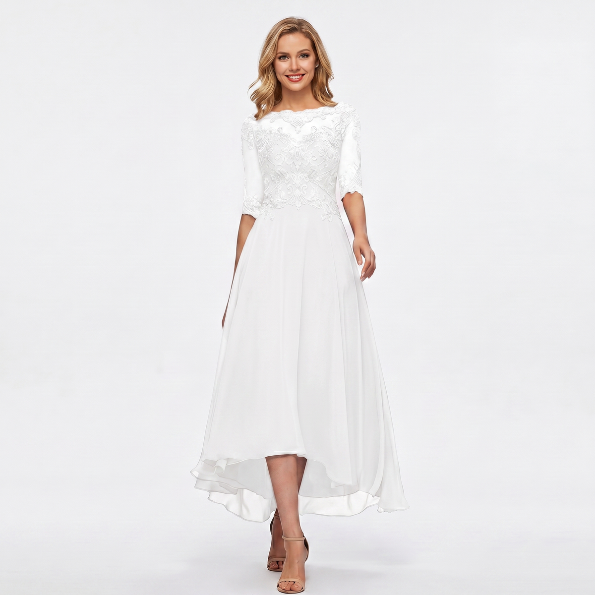 Women's Formal Dress – Lace Appliqué Bodice Chiffon Hi-Lo Maxi Skirt