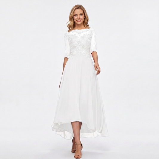 Women's Formal Dress – Lace Appliqué Bodice Chiffon Hi-Lo Maxi Skirt