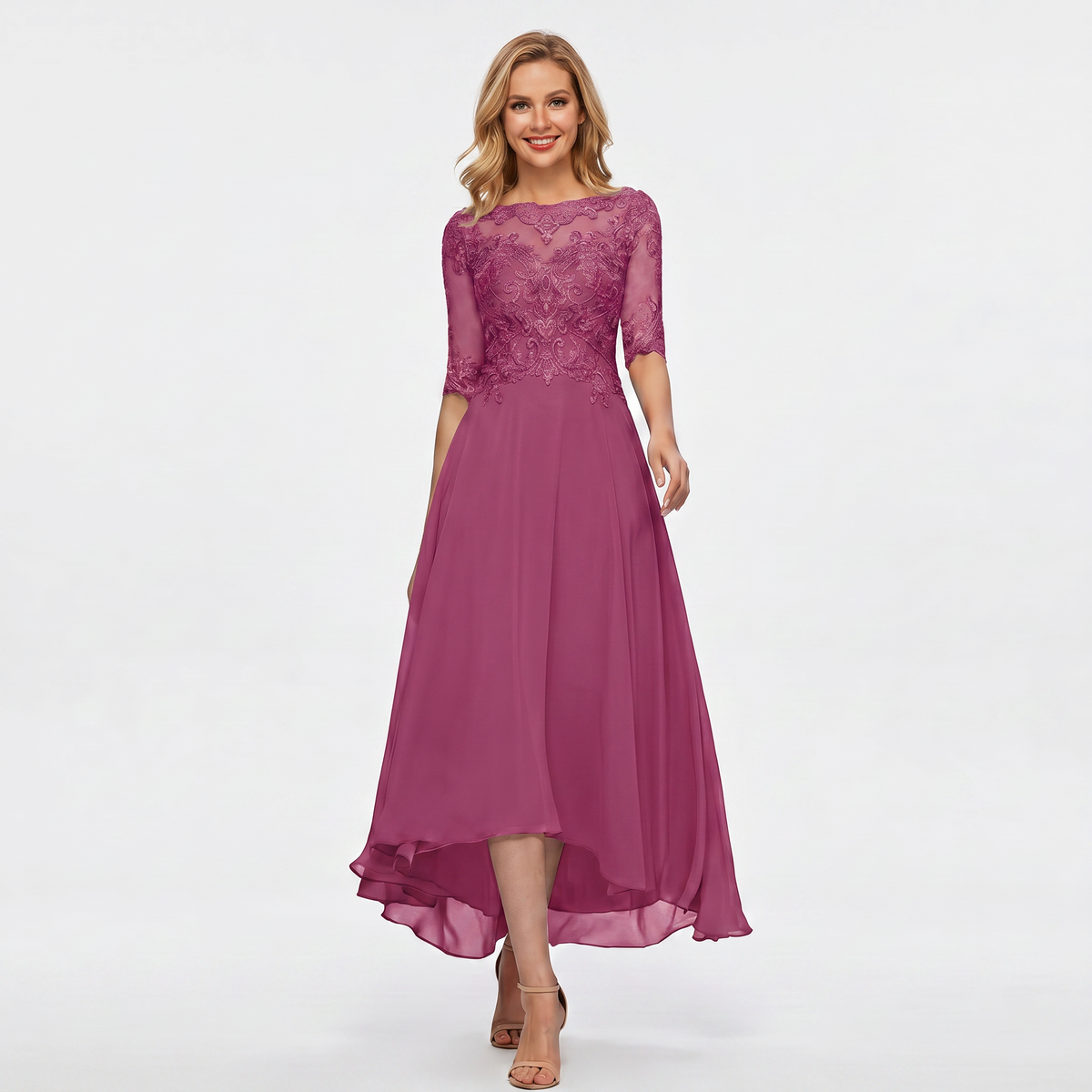 Women's Formal Dress – Lace Appliqué Bodice Chiffon Hi-Lo Maxi Skirt