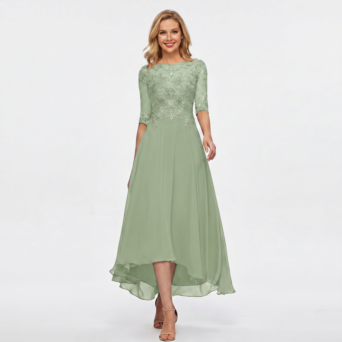 Women's Formal Dress – Lace Appliqué Bodice Chiffon Hi-Lo Maxi Skirt