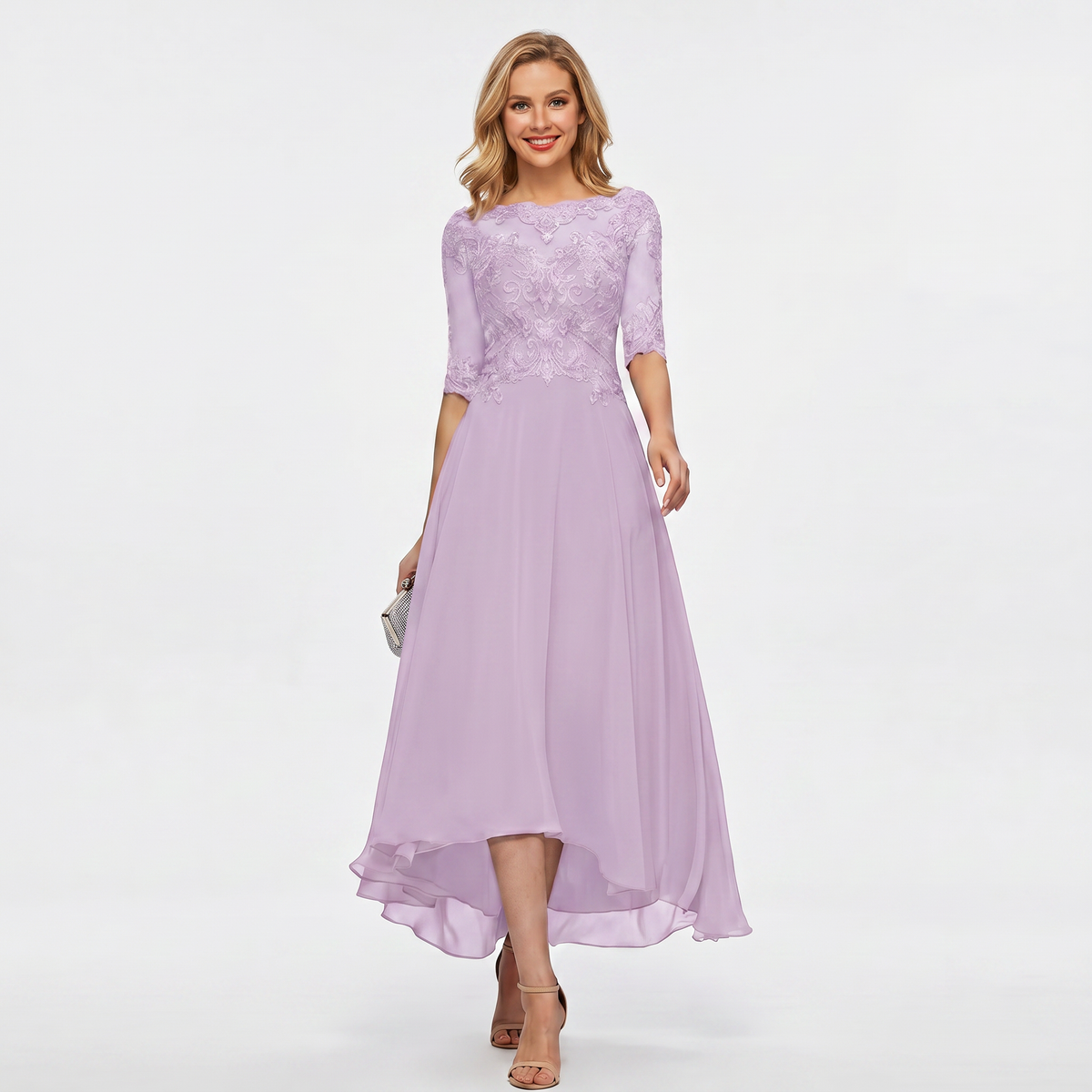 Women's Formal Dress – Lace Appliqué Bodice Chiffon Hi-Lo Maxi Skirt