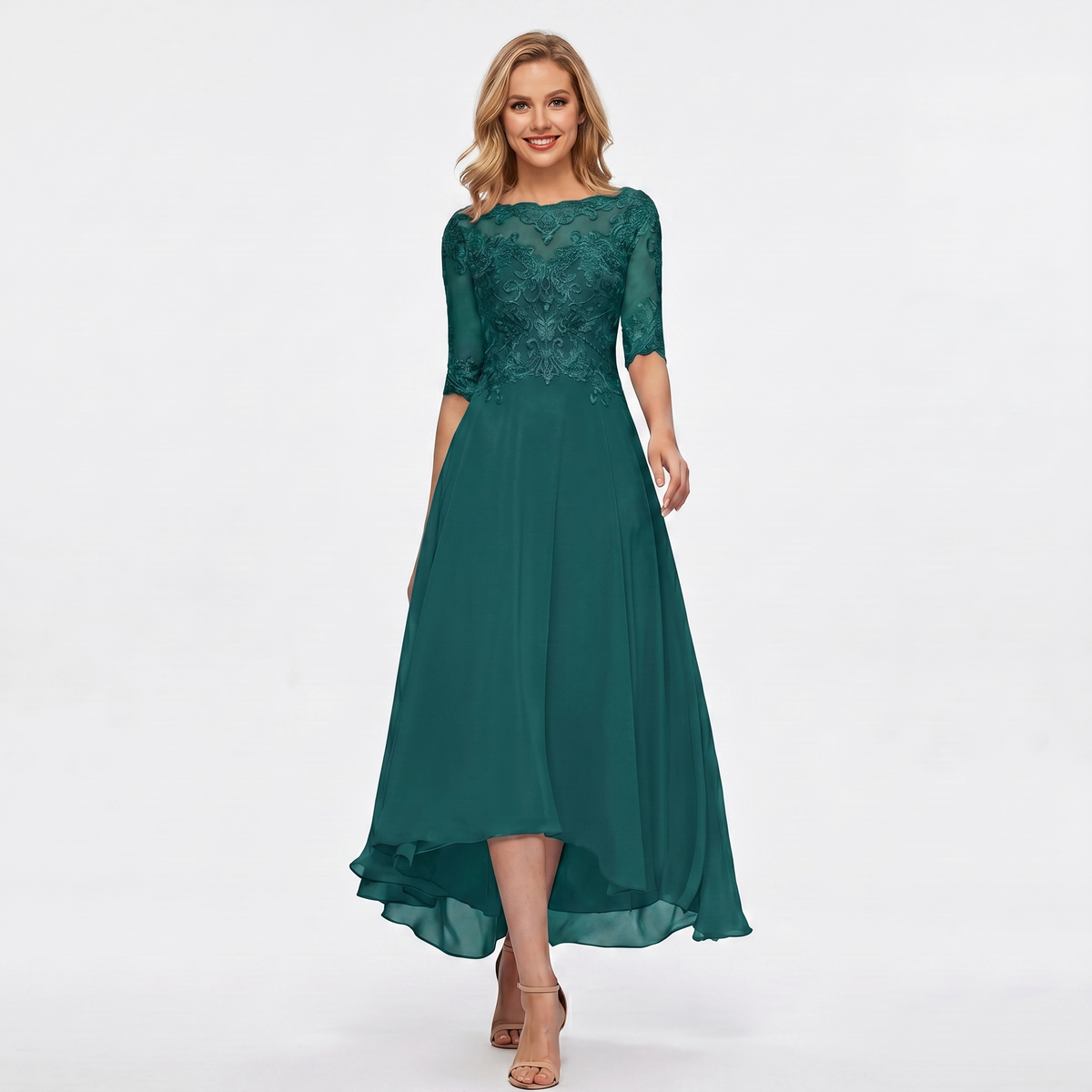 Women's Formal Dress – Lace Appliqué Bodice Chiffon Hi-Lo Maxi Skirt