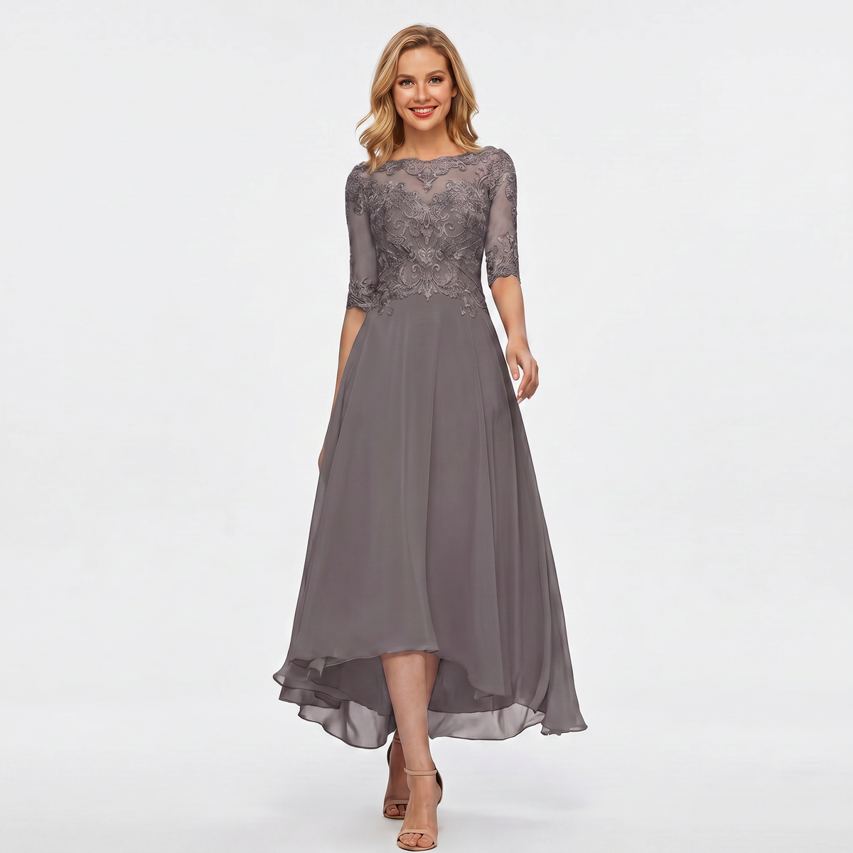 Women's Formal Dress – Lace Appliqué Bodice Chiffon Hi-Lo Maxi Skirt