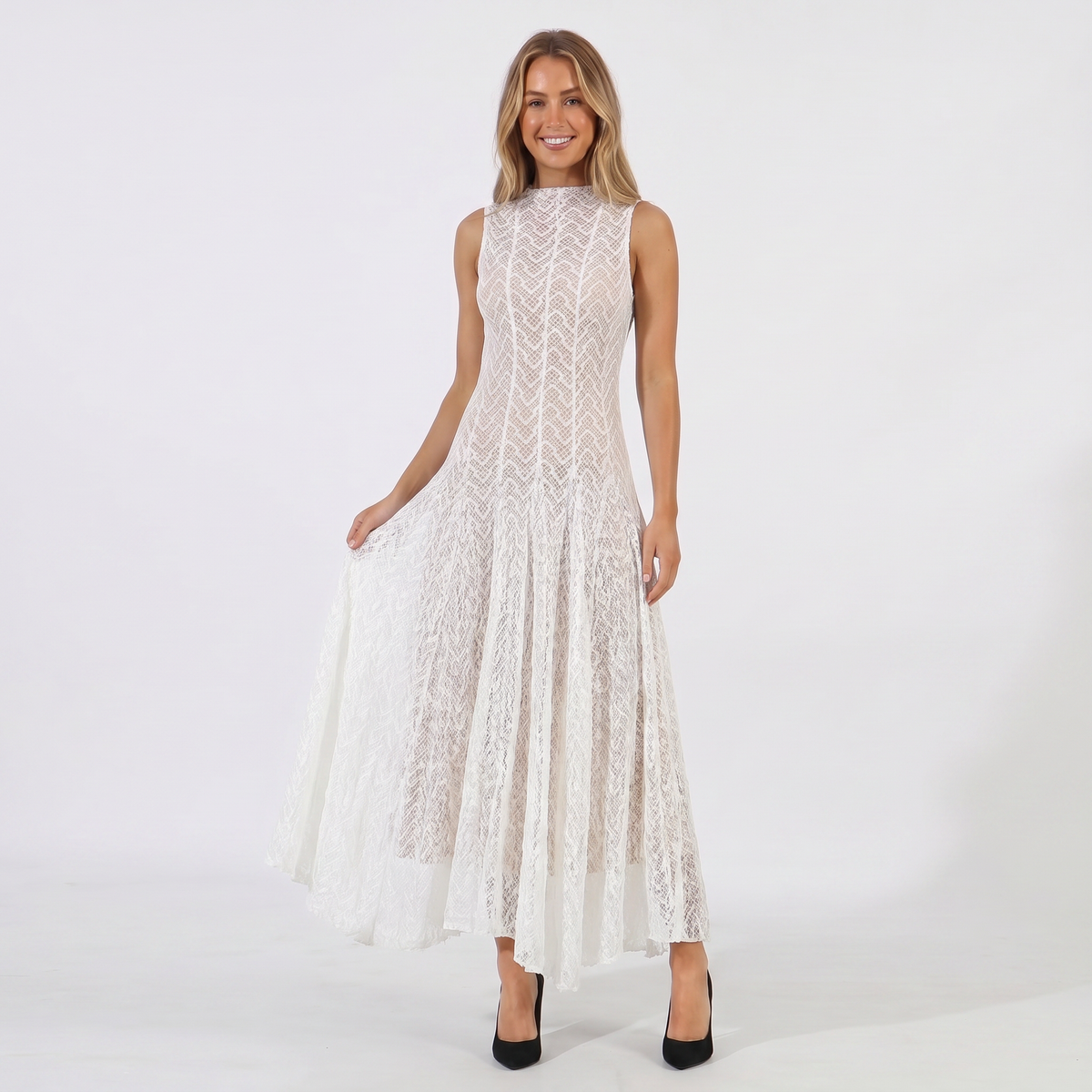 Women's Lace Dress – Geometric Chevron Maxi A-Line Mock Neck