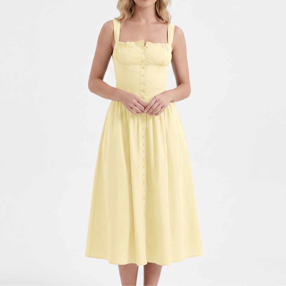 Women's Corset Midi Dress Square Neck Button Front A Line Sundress