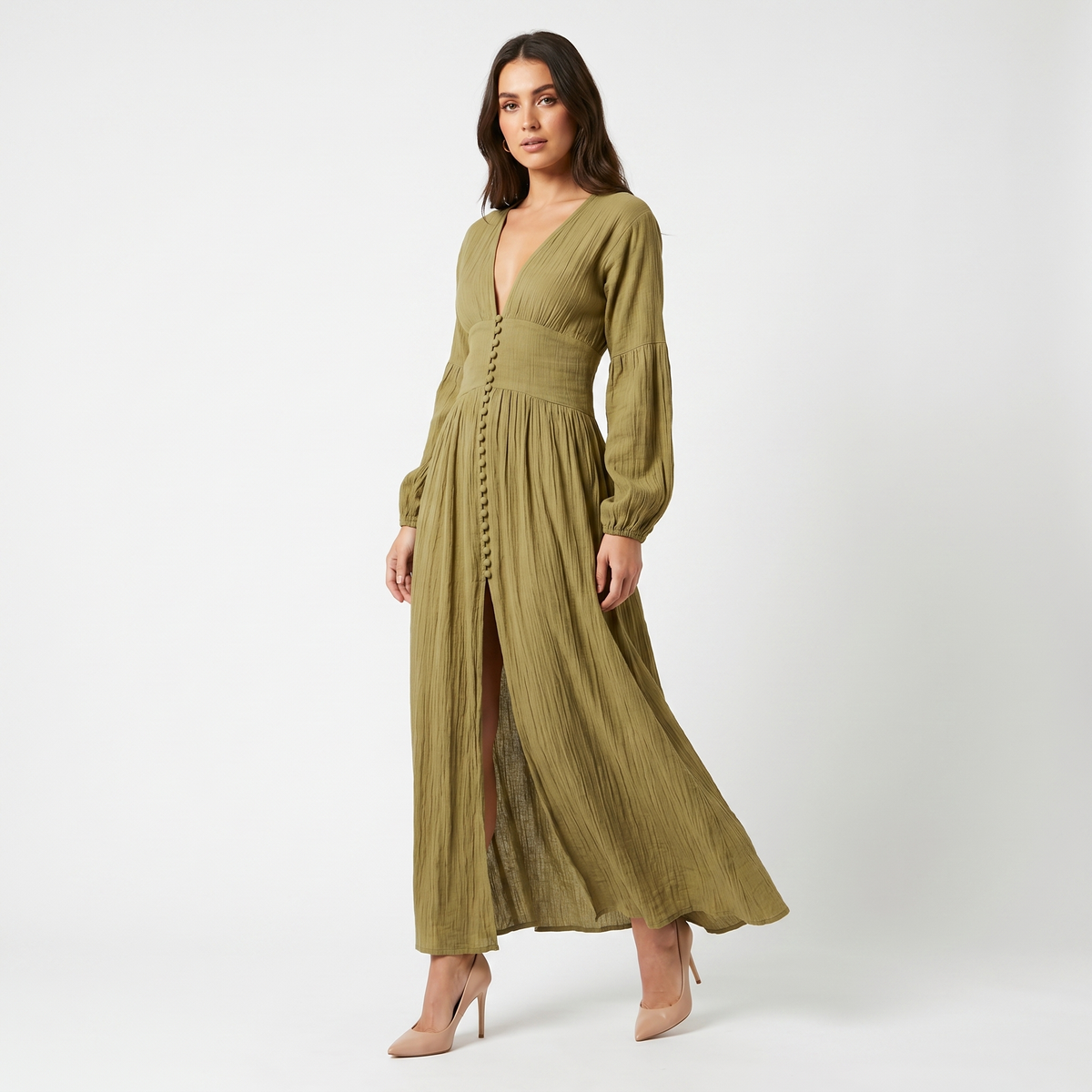 Women's Maxi Dress – Cheesecloth Button-Through Deep V Bishop Sleeve