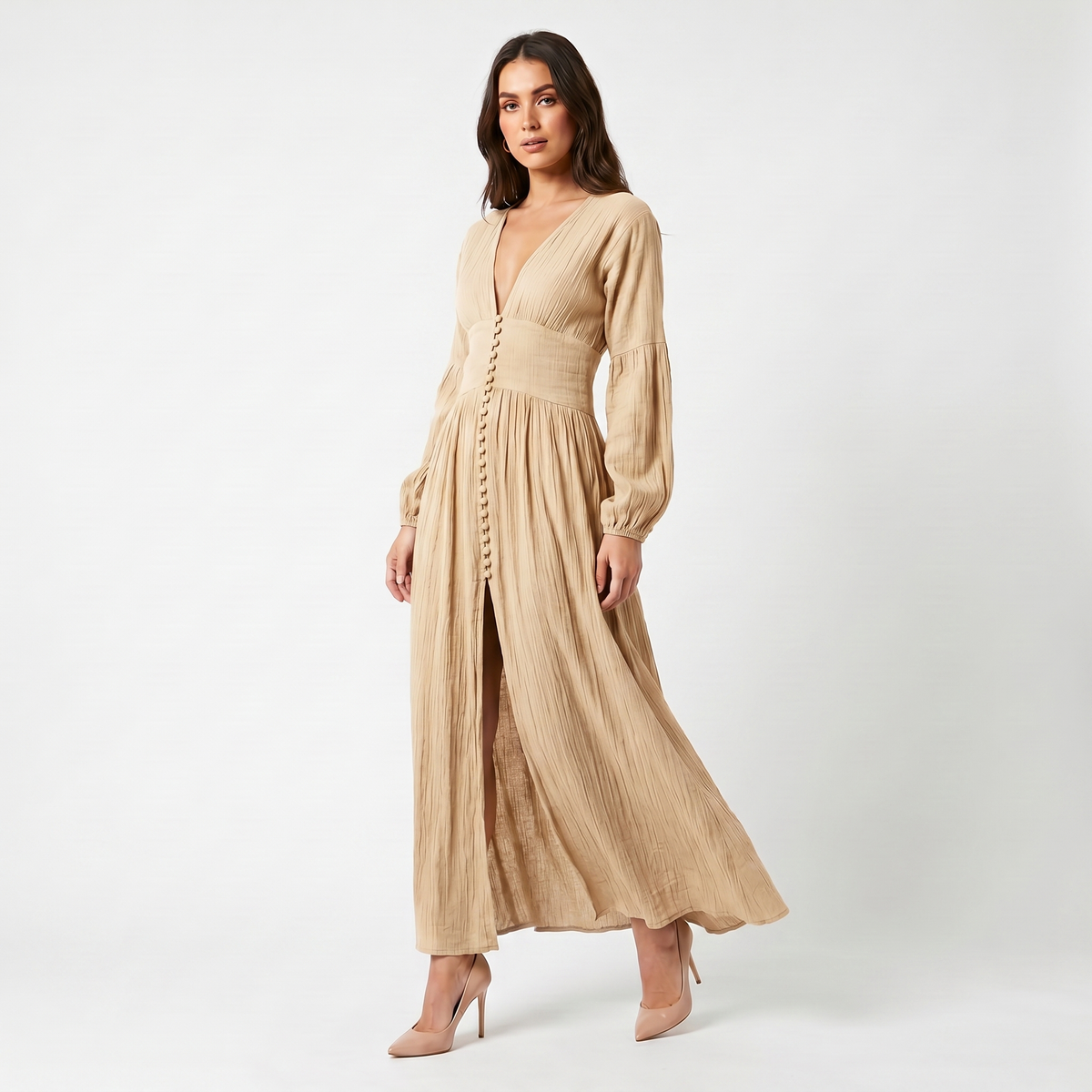 Women's Maxi Dress – Cheesecloth Button-Through Deep V Bishop Sleeve