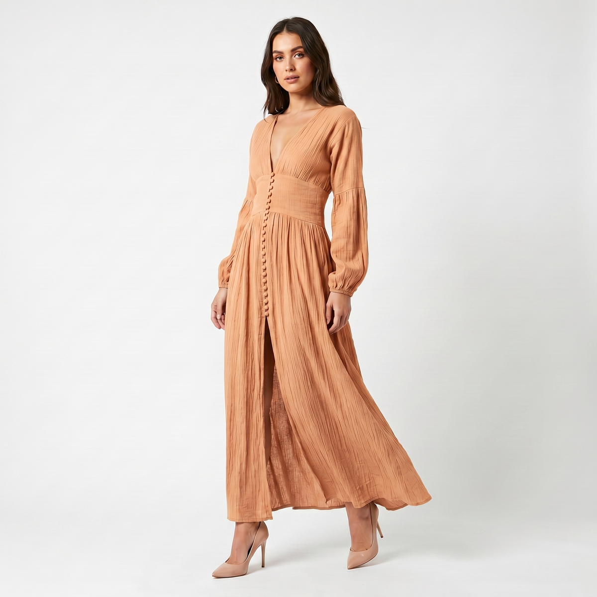 Women's Maxi Dress – Cheesecloth Button-Through Deep V Bishop Sleeve