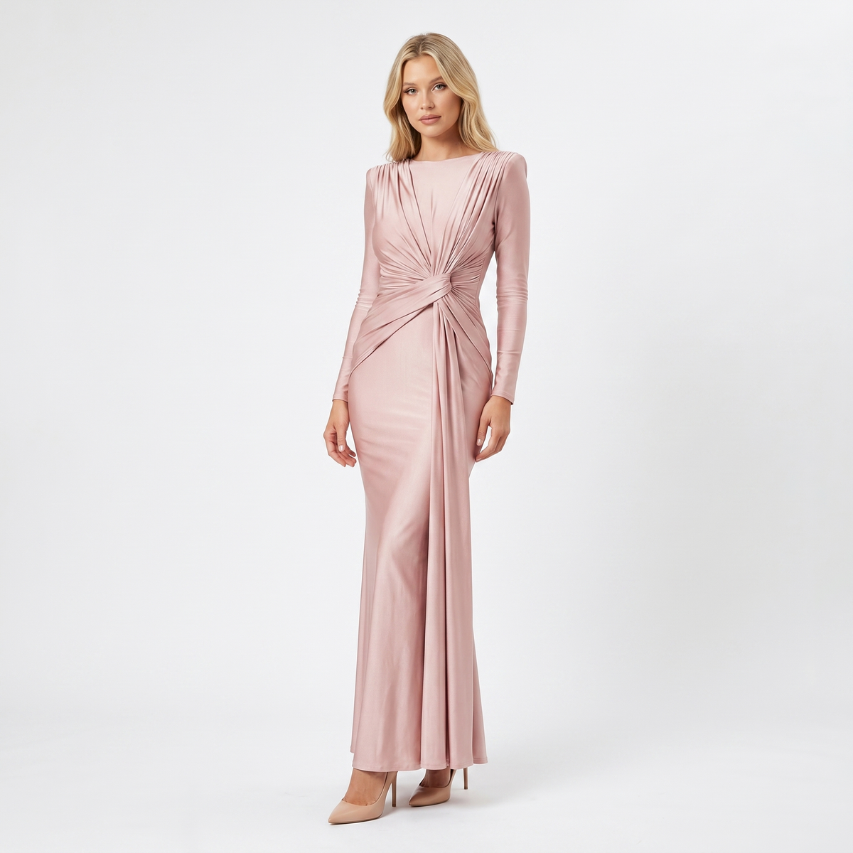 Women's Formal Maxi Dress – Satin-Look Pleated Waist Floor-Length Gown