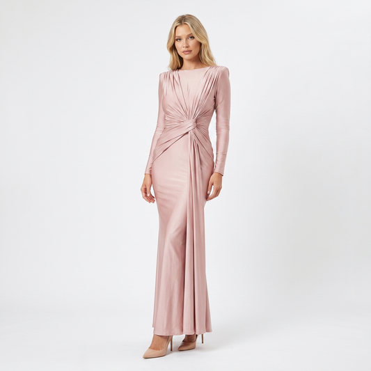 Women's Formal Maxi Dress – Satin-Look Pleated Waist Floor-Length Gown