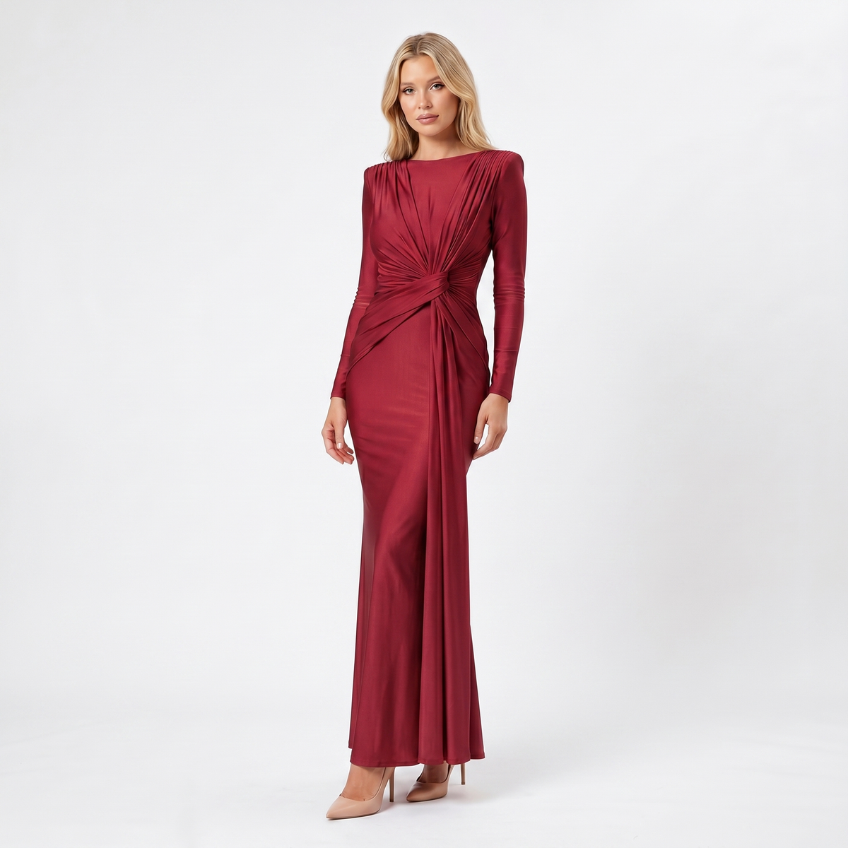 Women's Formal Maxi Dress – Satin-Look Pleated Waist Floor-Length Gown