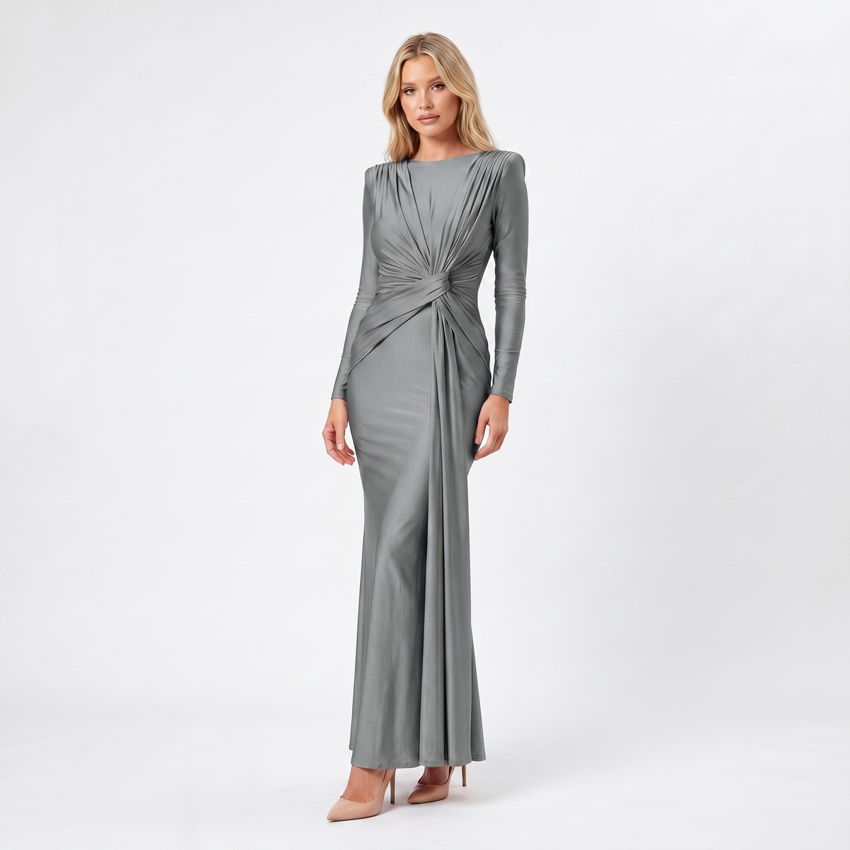 Women's Formal Maxi Dress – Satin-Look Pleated Waist Floor-Length Gown