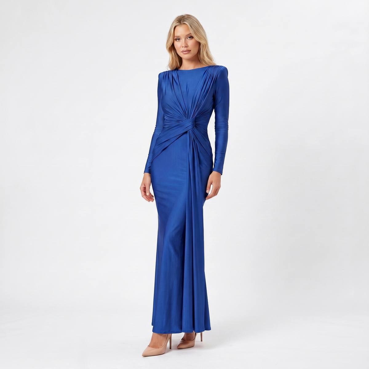 Women's Formal Maxi Dress – Satin-Look Pleated Waist Floor-Length Gown