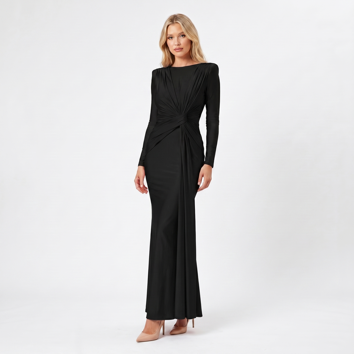 Women's Formal Maxi Dress – Satin-Look Pleated Waist Floor-Length Gown