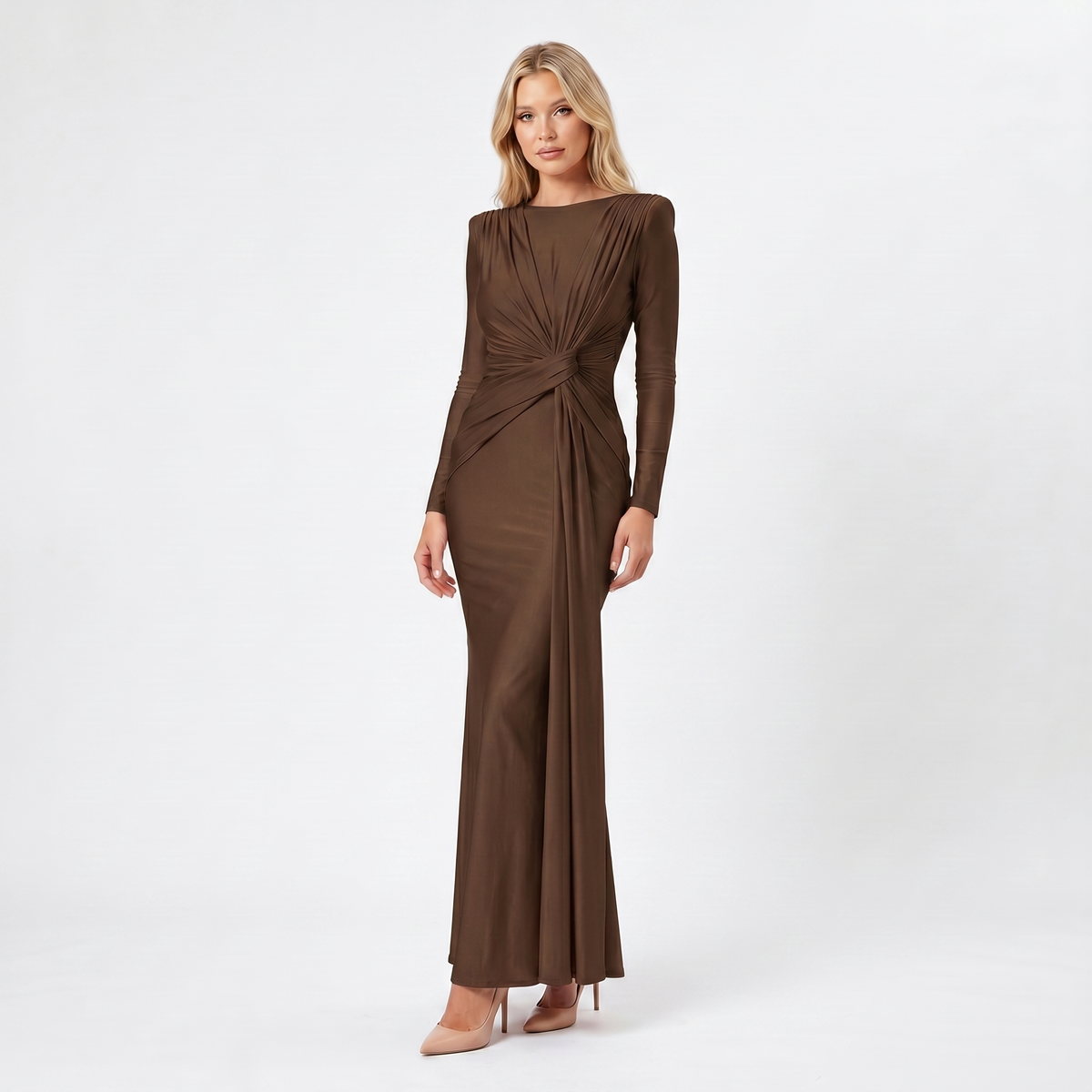 Women's Formal Maxi Dress – Satin-Look Pleated Waist Floor-Length Gown